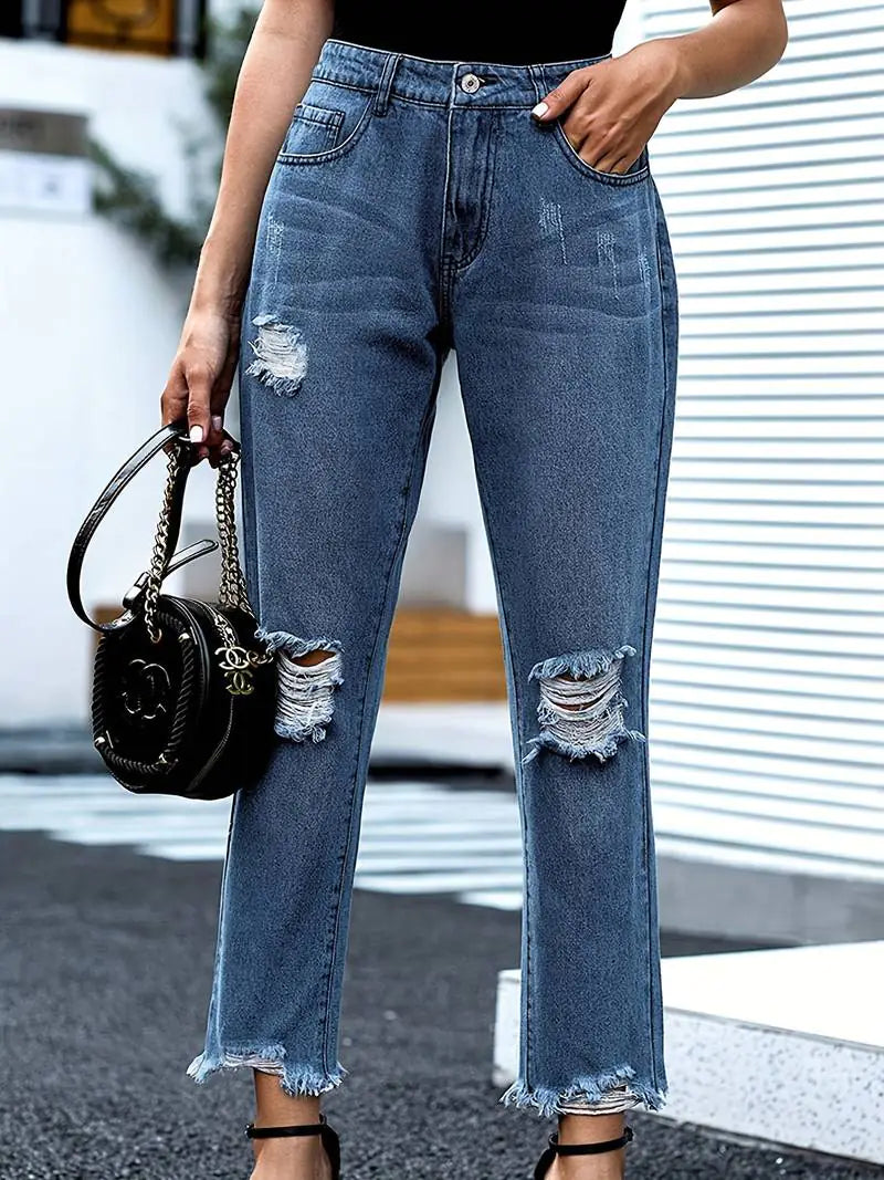 Blue Raw Hem Distressed Straight Jeans for Women