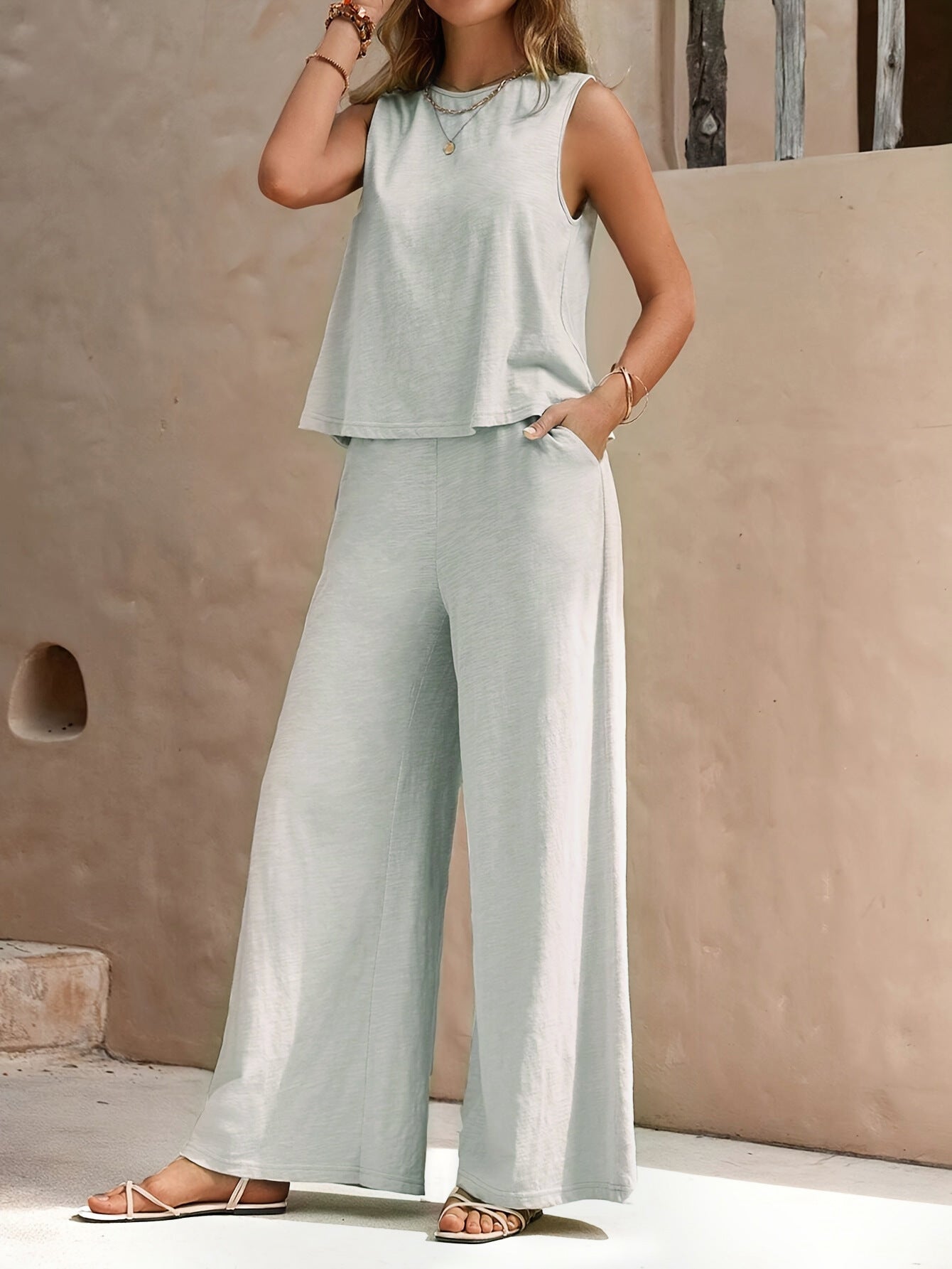 Women's Pure Color Tank  and Casual Wide-leg Pants Two-piece Set