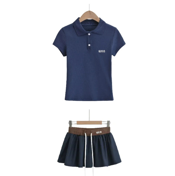 POLO collar contrasting letter print short sleeved T-shirt elastic waist drawstring skirt two-piece set