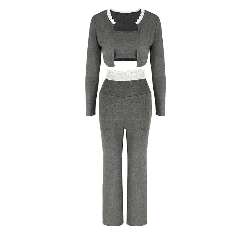 Hollow Knit Lace Trim Cardigan Slim Long Sleeve Trousers 3-Piece Set for Women