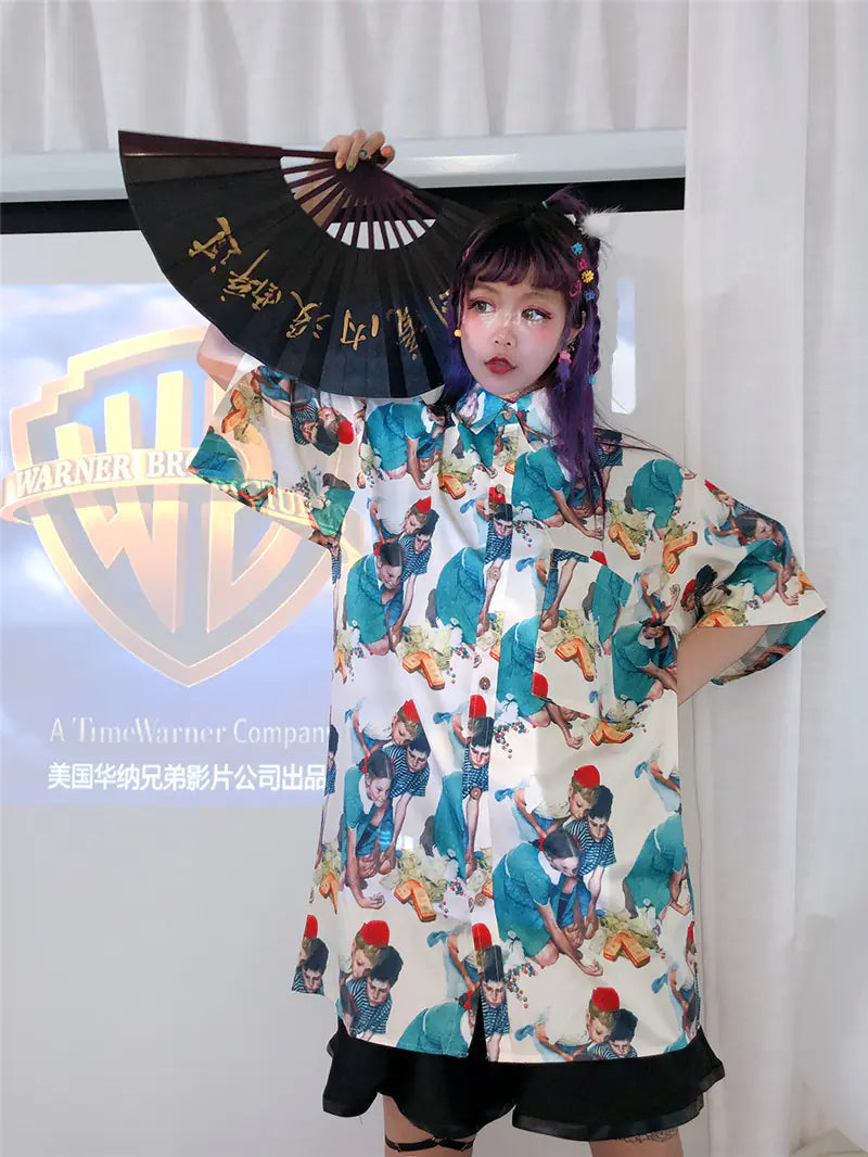 Retro Cartoon Print Loose Short Sleeve Shirt