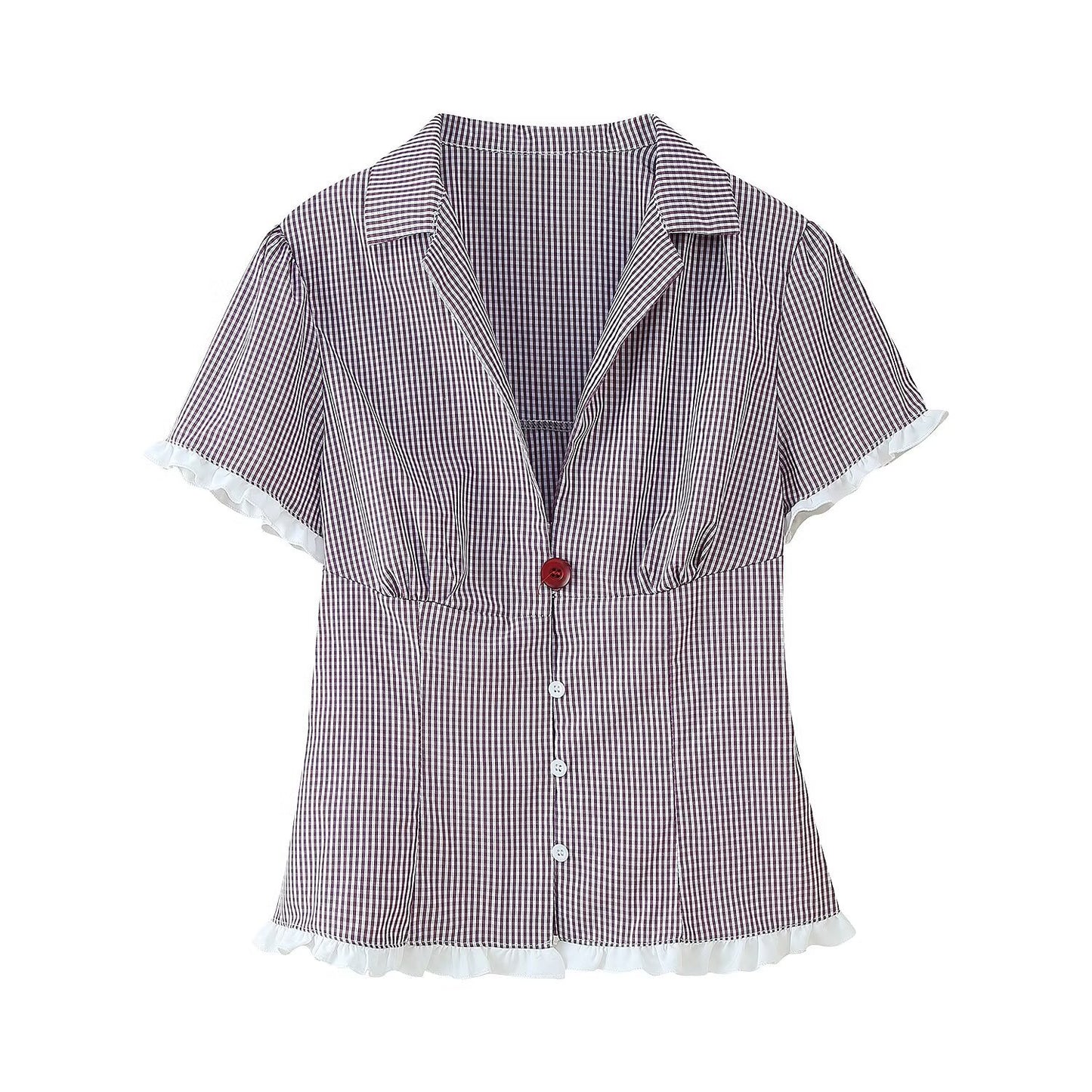 Vintage Plaid Shirt with White Lace Trim and Short Sleeve Shorts Set