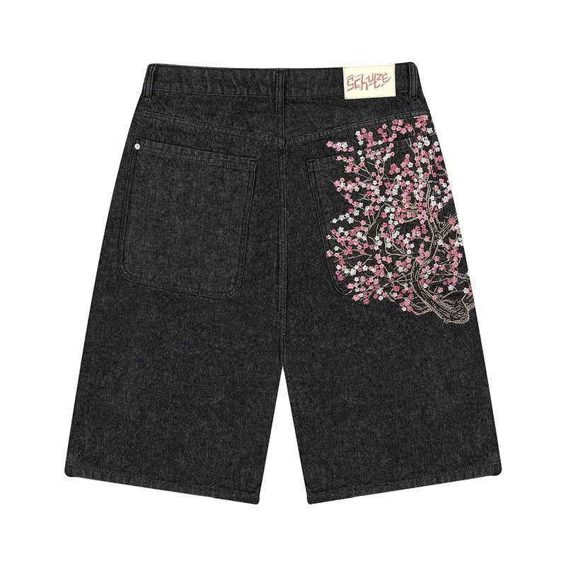 Retro Derschutze Embroidered Washed Denim Shorts High Street Three-Quarter Pants