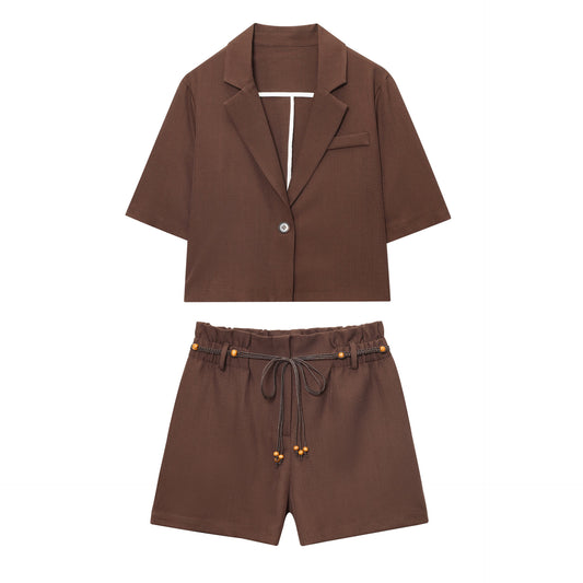 Women's Clothing Short Sleeve Cropped Blazer + Beaded Waistband Casual Shorts
