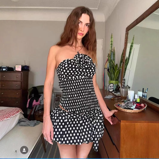 Women's Fashion Sexy Halter Polka Dot Tied Top + Skirt Set