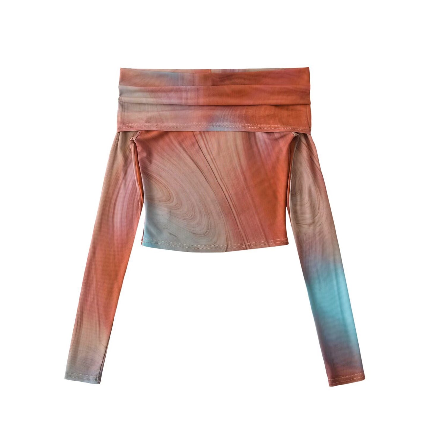 Women's Clothing Mesh Printed One-Shoulder Long Sleeve Top + Skirt