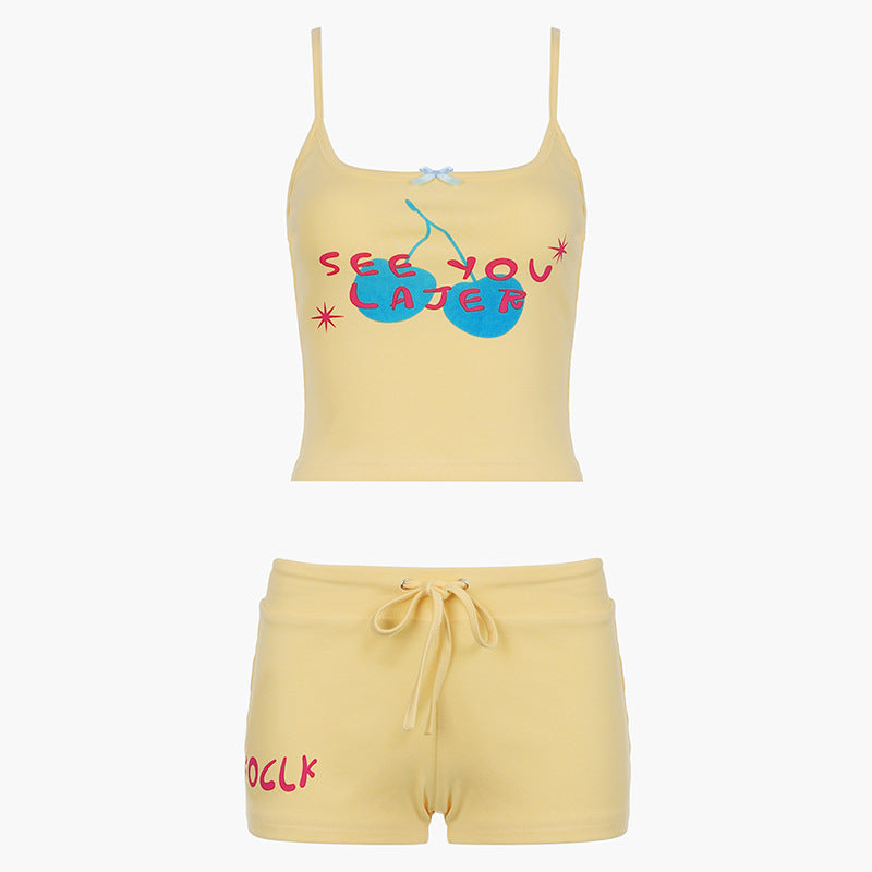 Summer Beach Vacation Style Sweet and Spicy Set Personality Print One-Shoulder Mini Strap Drawstring Low-Waist Slimming Shorts