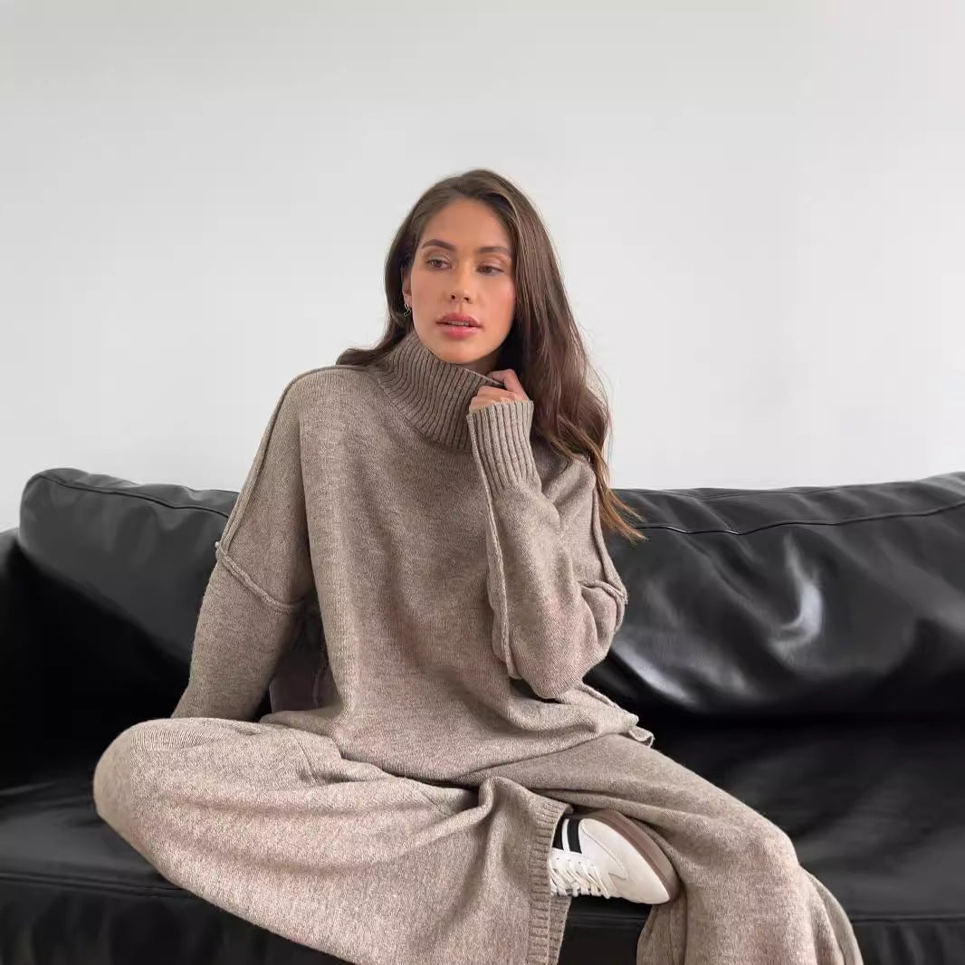 High Neck Slit Wool Sweater Set Women's Loose Casual Lazy Knitted Long Pants Two-Piece Set