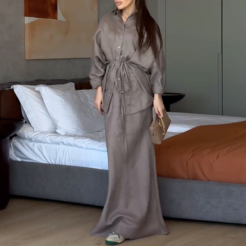 Collar loose long sleeved shirt high waisted skirt set