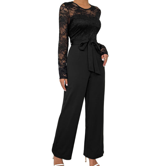 Elegant Lace Splicing Commuter Belted Jumpsuit