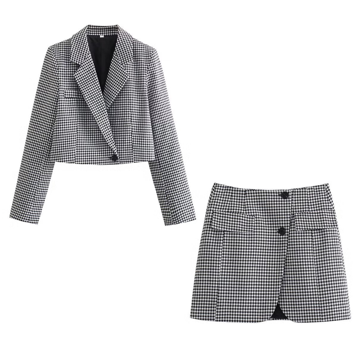Women's Short Plaid Suit Jacket + Skirt Set