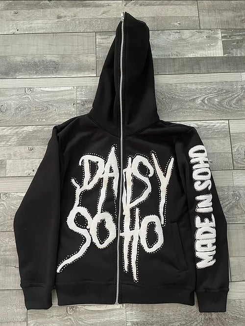 Casual Street Letter Print Full Zip Hoodie Jacket