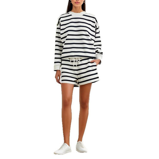 Round Neck Loose Fit Striped Color Block Hoodie Women's Set Long Sleeve Off Shoulder Top Shorts
