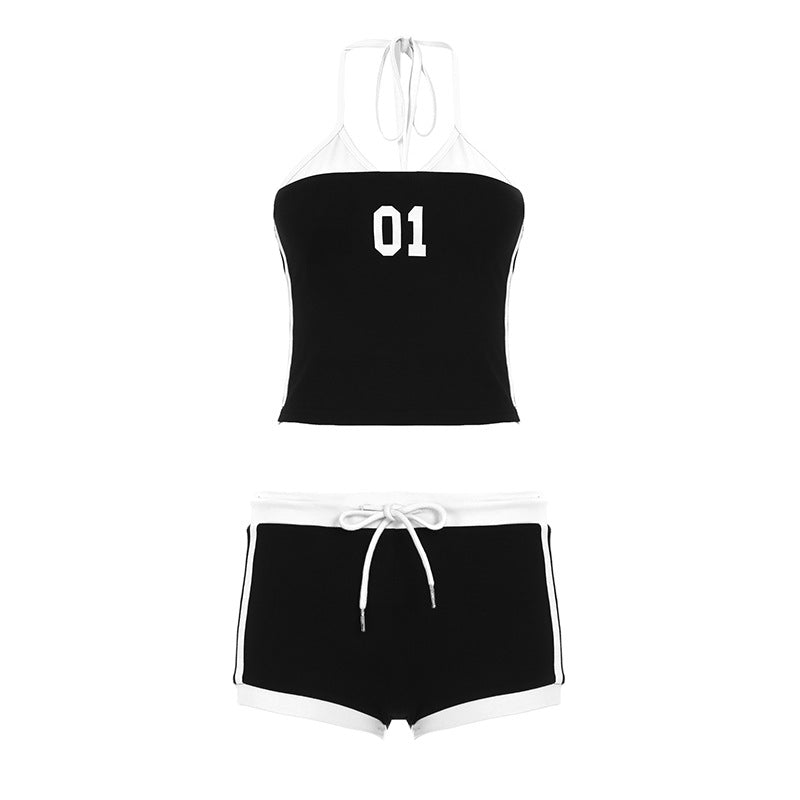 Spicy Girl Style Letter Print Color Block Halter Sports Tank Top Two-Piece Set Spicy Street Tied Short Pants Suit
