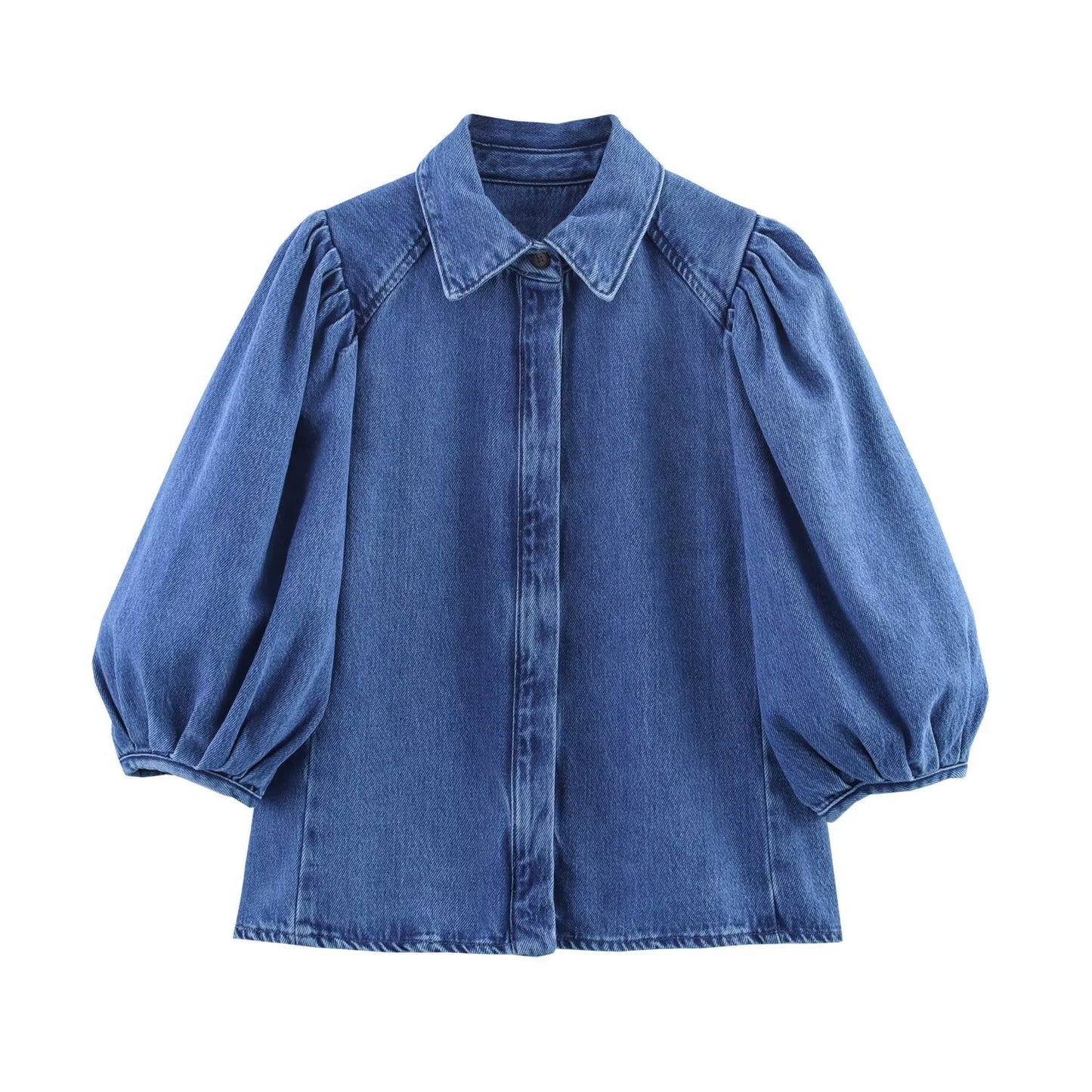 Women's Fashion Versatile Denim Polo Collar Bubble Sleeve Shirt + Long Pants Set