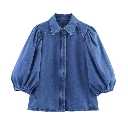 Women's Fashion Versatile Denim Polo Collar Bubble Sleeve Shirt + Long Pants Set