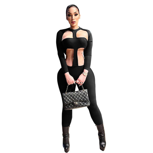 Hollow out elastic slim fit long sleeved sports pants for women