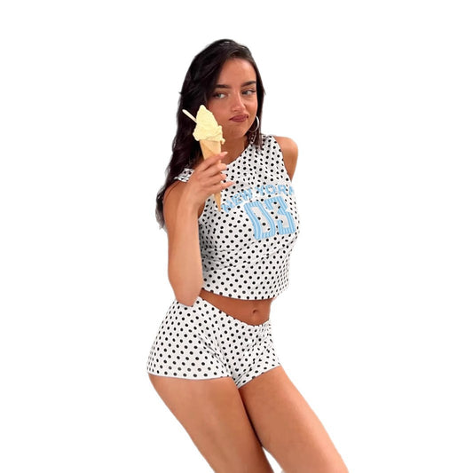 Style Digital Print Polka Dot Sleeveless Tank Top and Shorts Two-Piece Set Summer Sports Casual Spicy Girl Women's Clothing