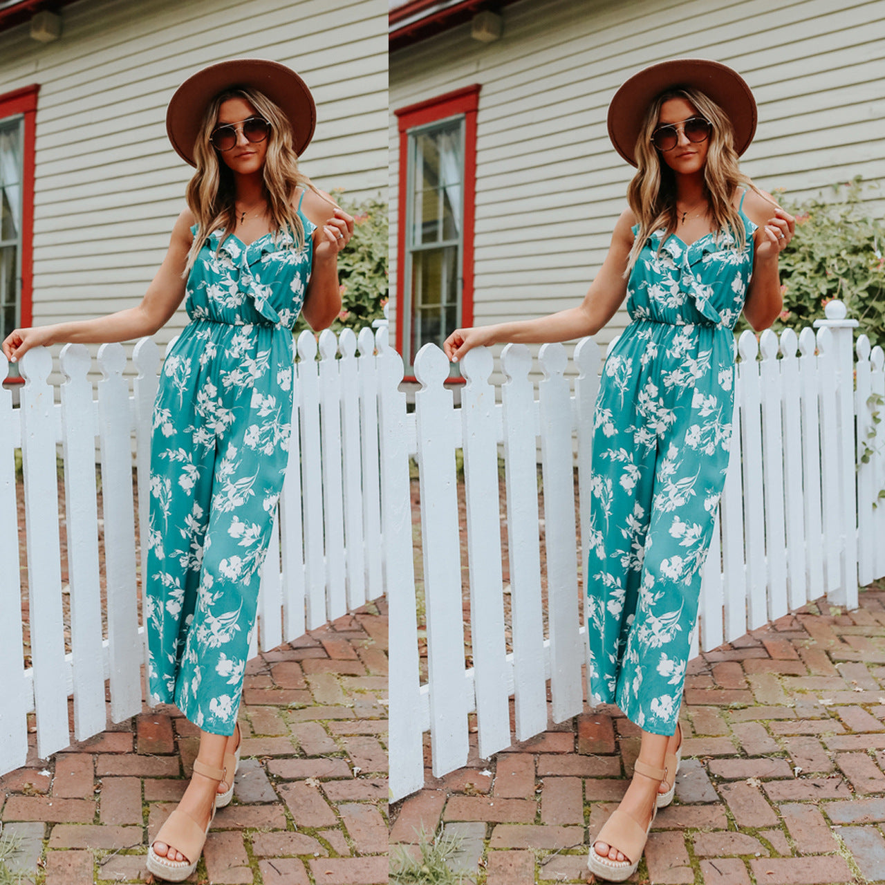 Sexy V-neck Strapless Shoulder-baring Floral Jumpsuit Multi-color Loose Backless Bodysuit