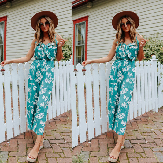 Sexy V-neck Strapless Shoulder-baring Floral Jumpsuit Multi-color Loose Backless Bodysuit
