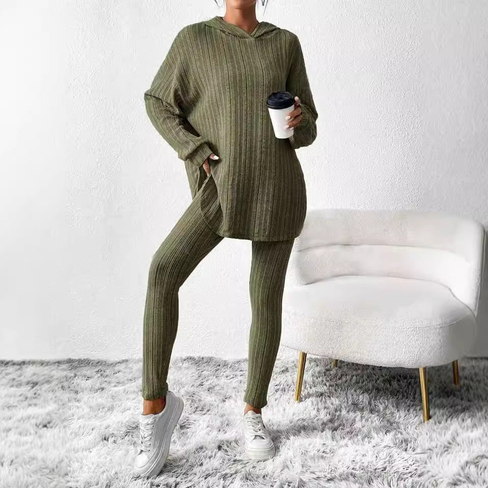Autumn and Winter Style Loose Hooded Long Sleeve Casual Trousers Ribbed Suit