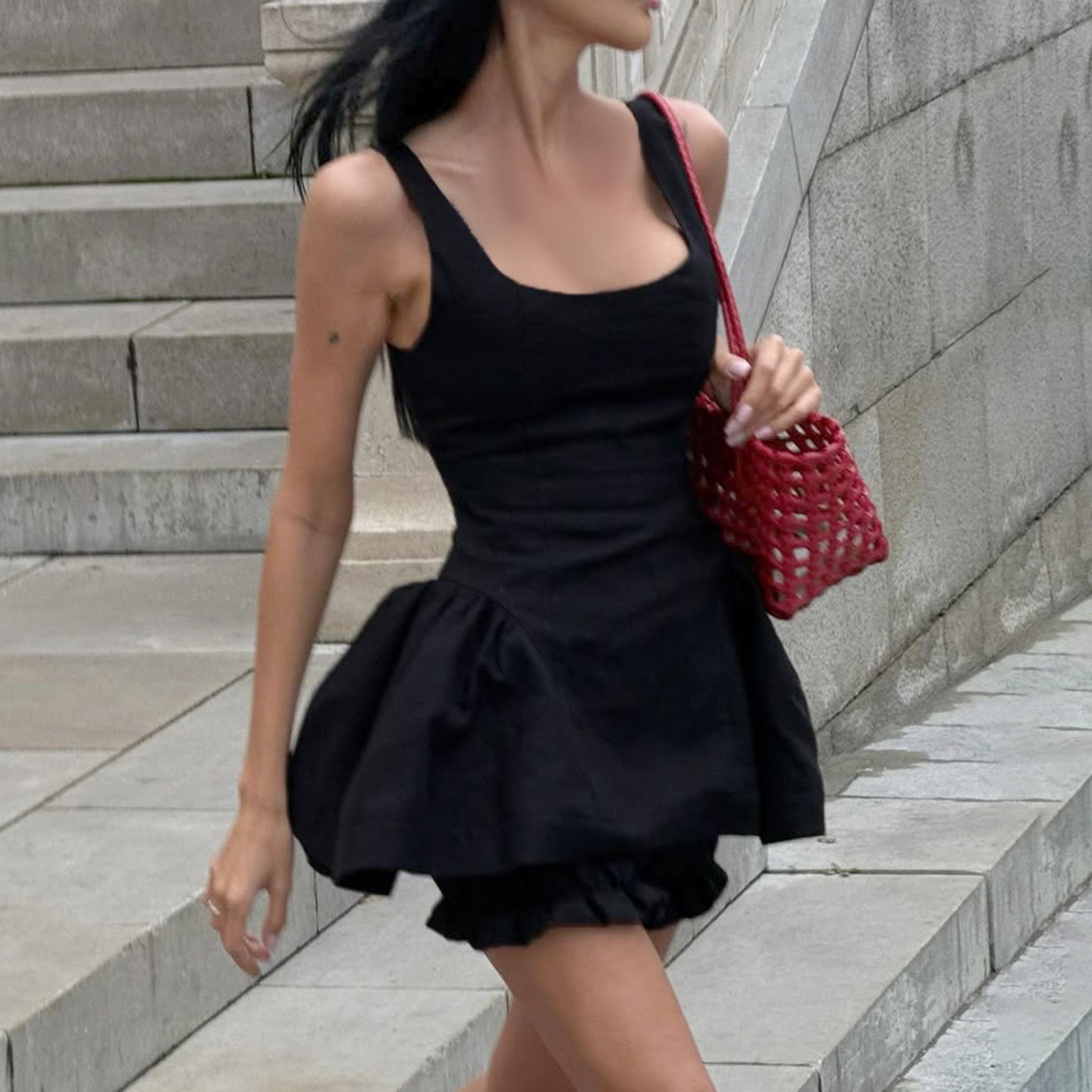 Style Square Neck Strapless Dress with Waist Pleats A-Line Short Skirt Set Including Bubble Pants