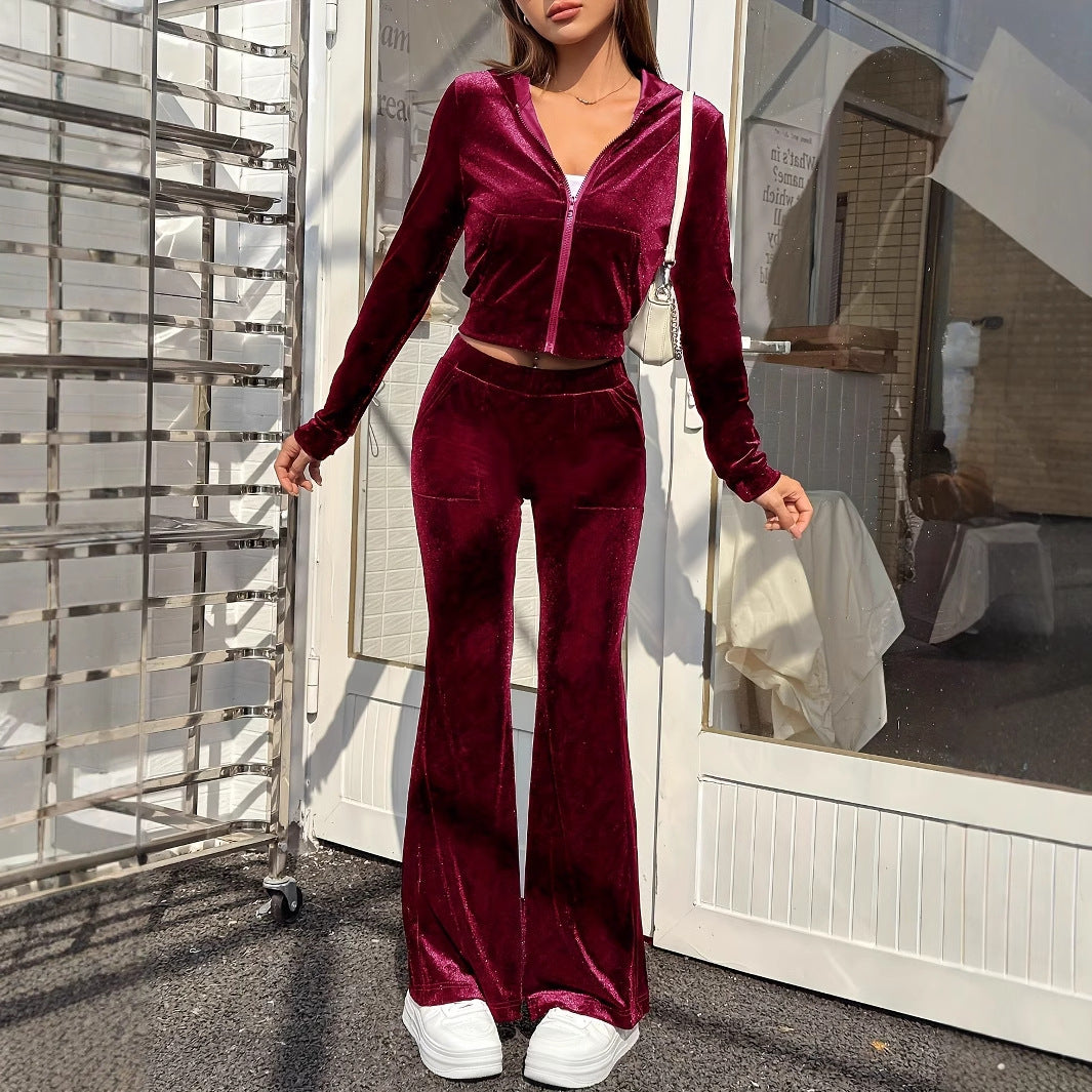Zipper Velvet Autumn Sports Set Casual Hooded Top and Flare Pants Set
