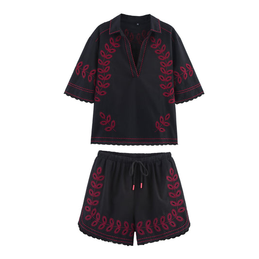 Women's Fashion Casual Embroidered Shirt + Shorts Set