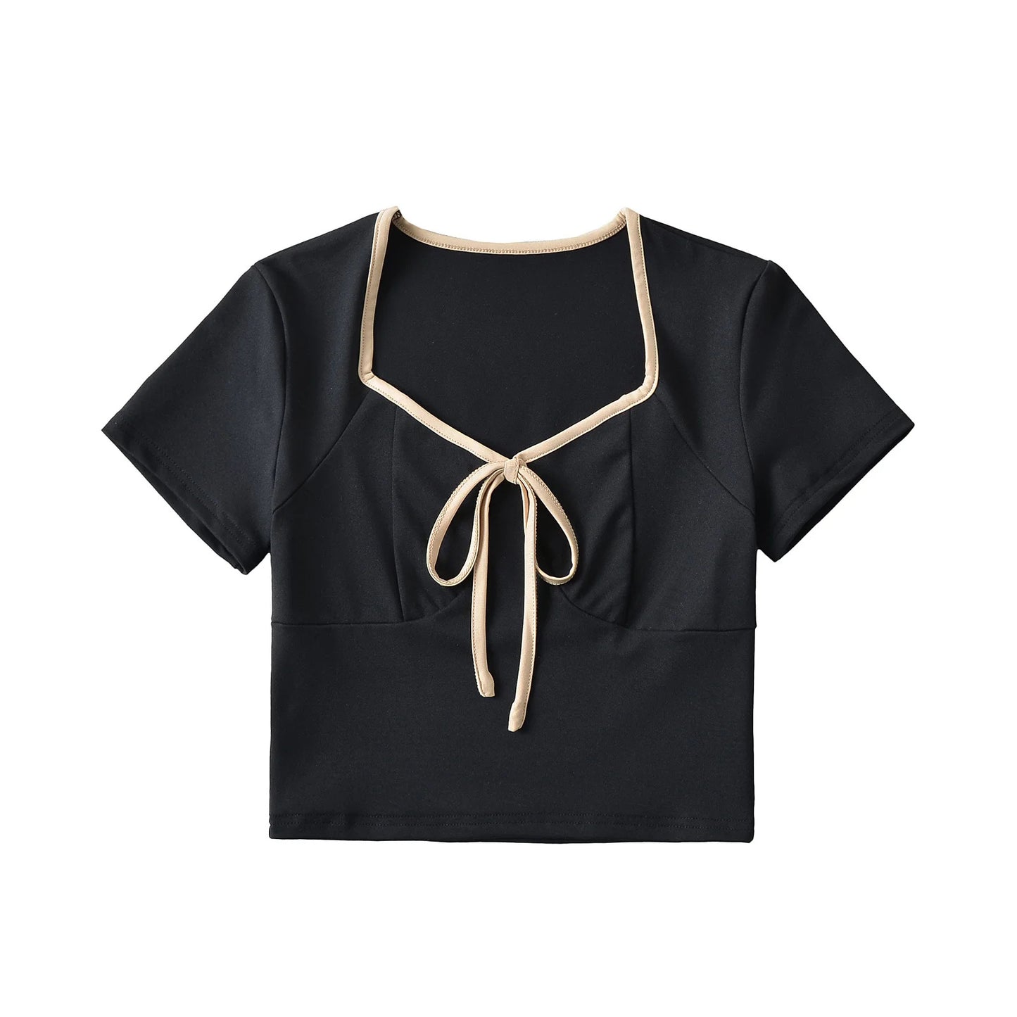 Two piece set of contrasting color wrapped square neck short sleeved T-shirt+V-shaped waist strap flared casual pants