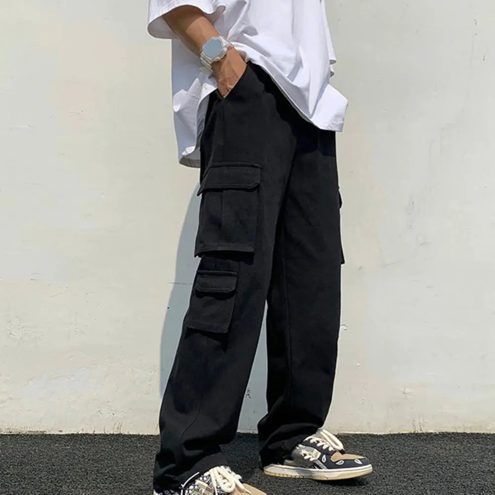 Men's Loose Straight Multi-Pocket Drawstring Work Pants