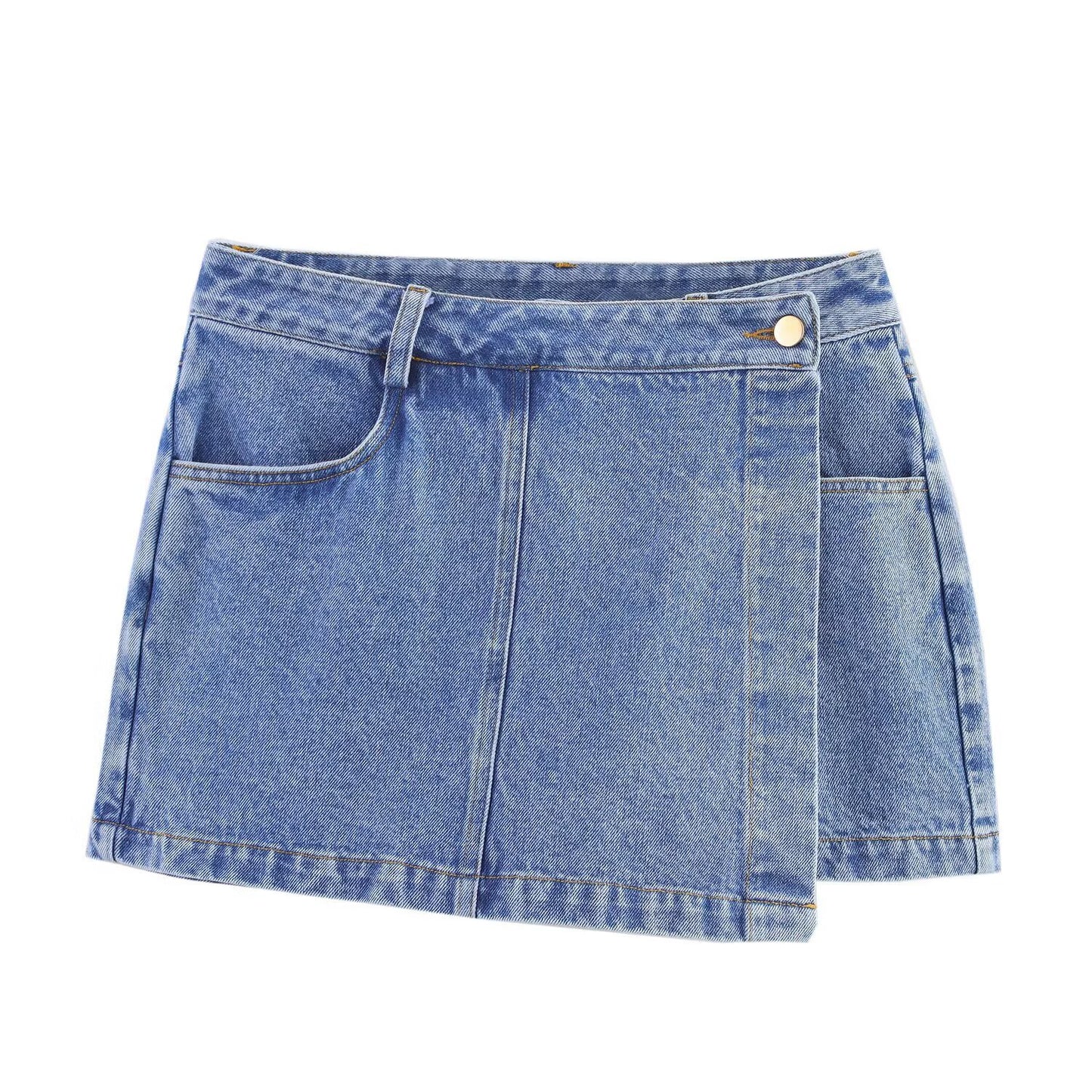Women's Short Denim Shirt + Skirt Pants - Lapel Design