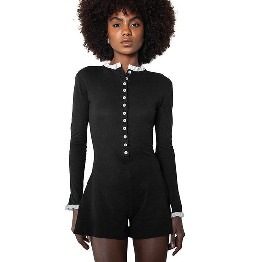 Color Block Button Front Long Sleeve Jumpsuit Women