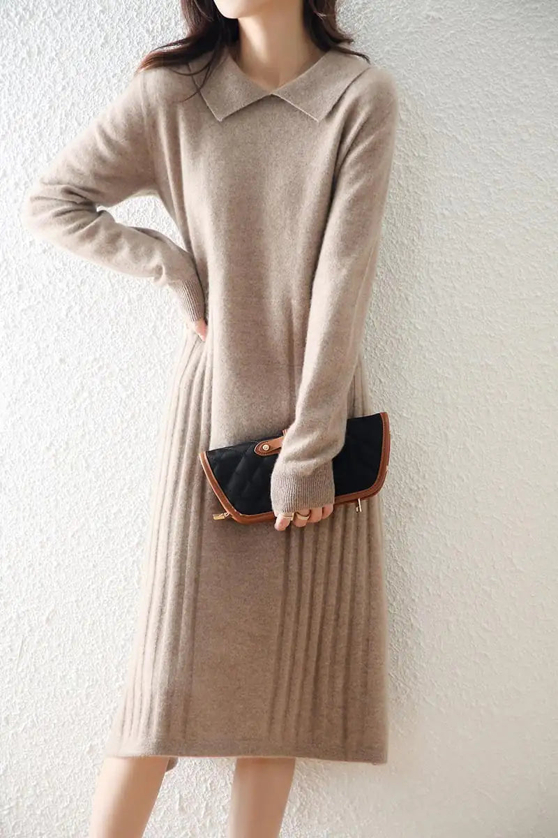 Women's Solid Color Wool Knitted Dress with Collar