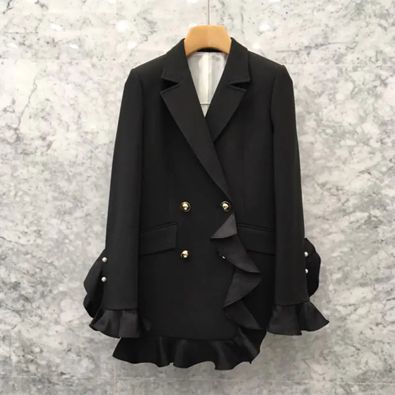 Korean Style Ruffled Waist Double-Breasted Blazer