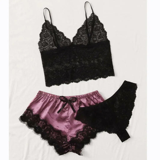 Women's 3-Piece Lace Pajama Set with Shorts and Top
