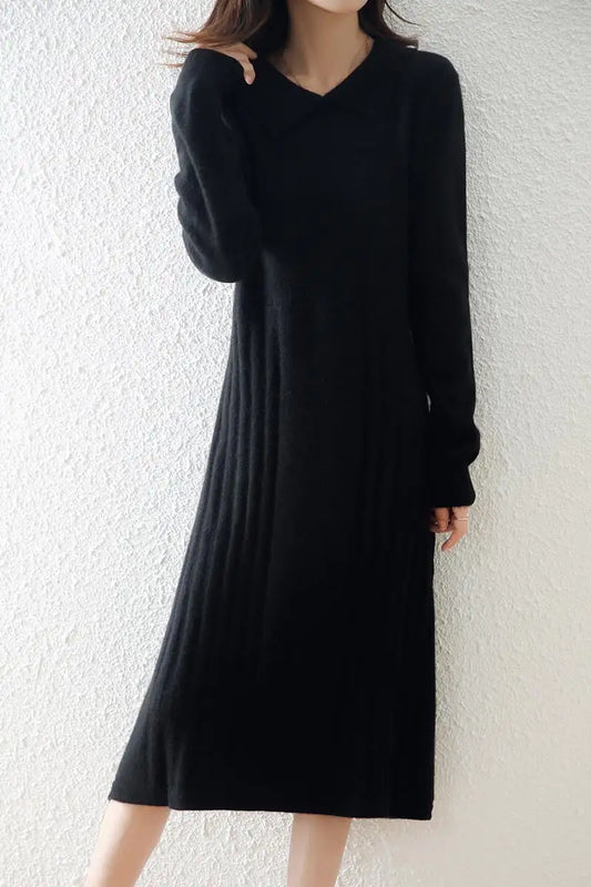 Women's Solid Color Wool Knitted Dress with Collar