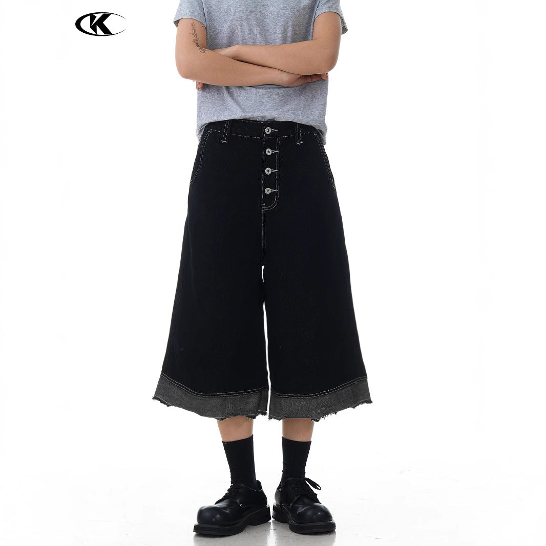 Black Loose Fit Three-Dimensional Button Frayed Hem Tassel Trendy Casual Shorts