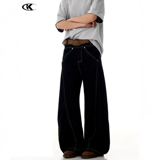 Jeans for Men and Women with Topstitching Design Slim Fit Trendy Loose Casual Wide Leg Long Pants