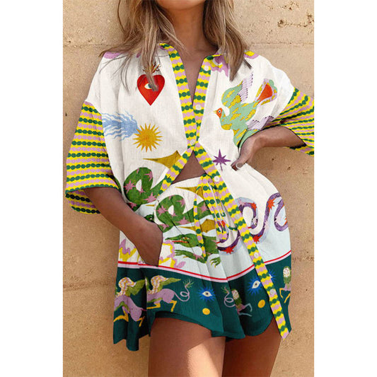 Summer Short Sleeve Shirt Loose Vacation Pocket Two-Piece Set for Women