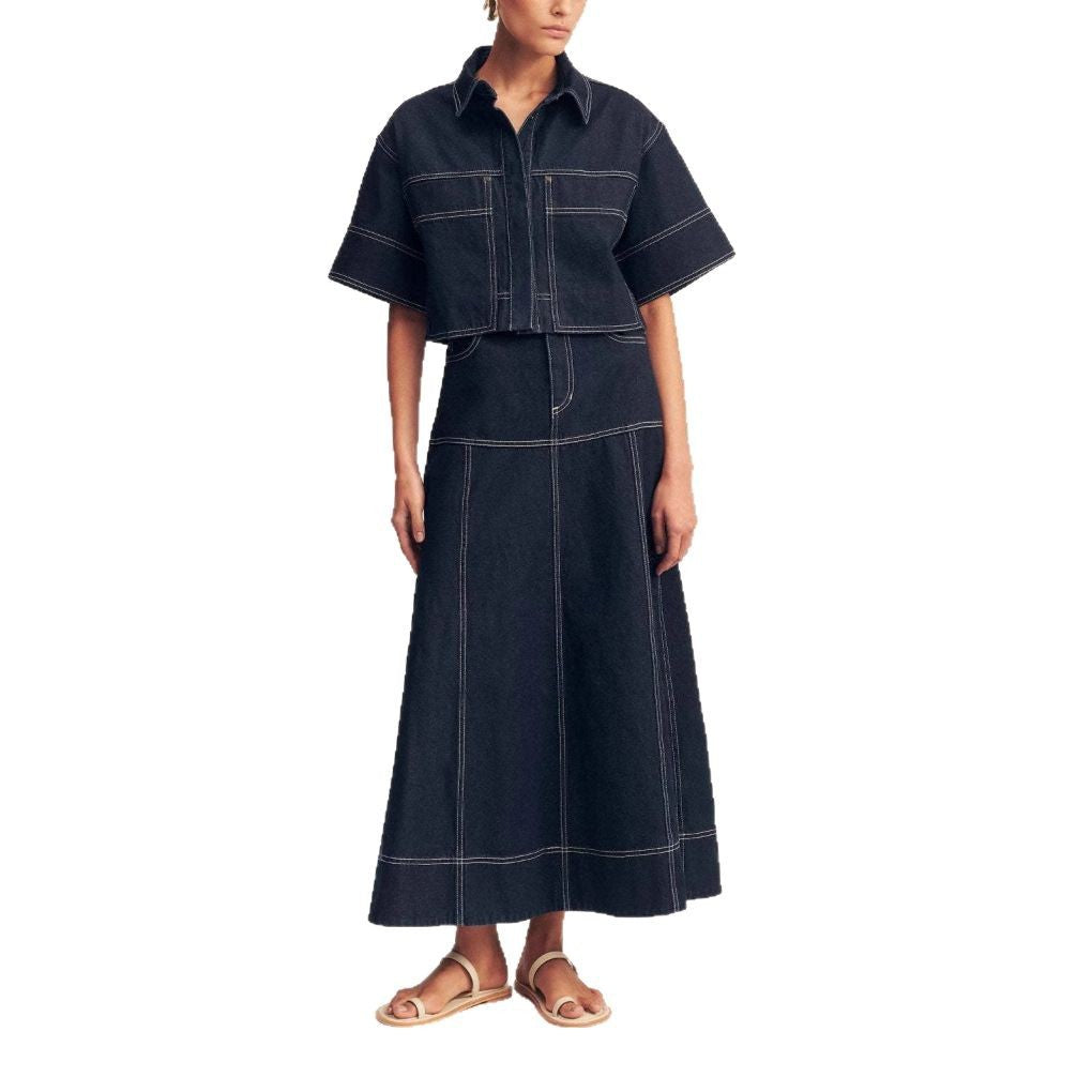 Pocket short sleeved shirt split half skirt denim two-piece set