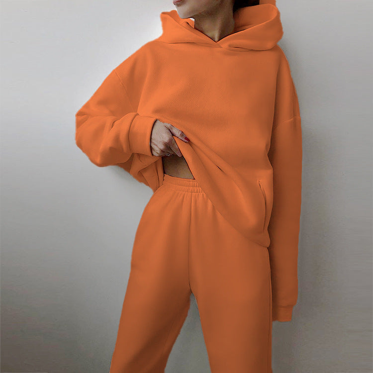 Women's Spring Hooded Set Solid Color Casual  Sports Sweatshirt Set