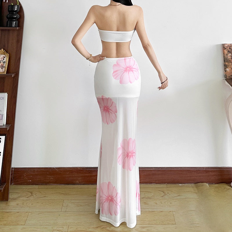 Sexy chest hugging high waisted mesh printed skirt set