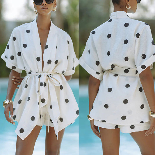 Bohemian Dot Linen Printed Short Pants Set Women's Loose Two-Piece Suit for Spring and Summer Vacation