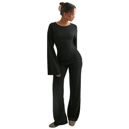 Style Round Neck Flared Long Sleeve Straight Leg Pants Set for Women