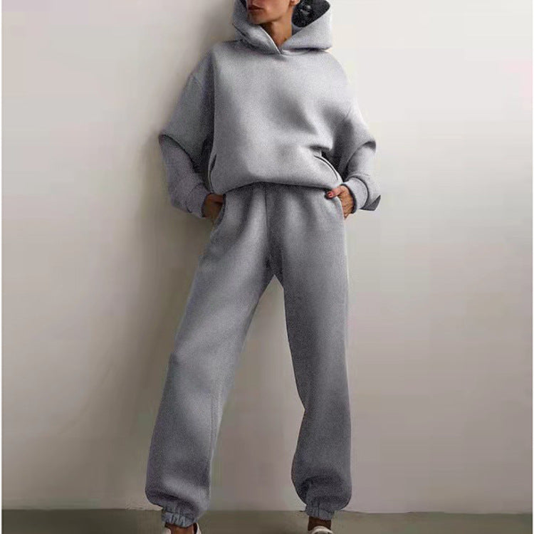 Women's Spring Hooded Set Solid Color Casual  Sports Sweatshirt Set