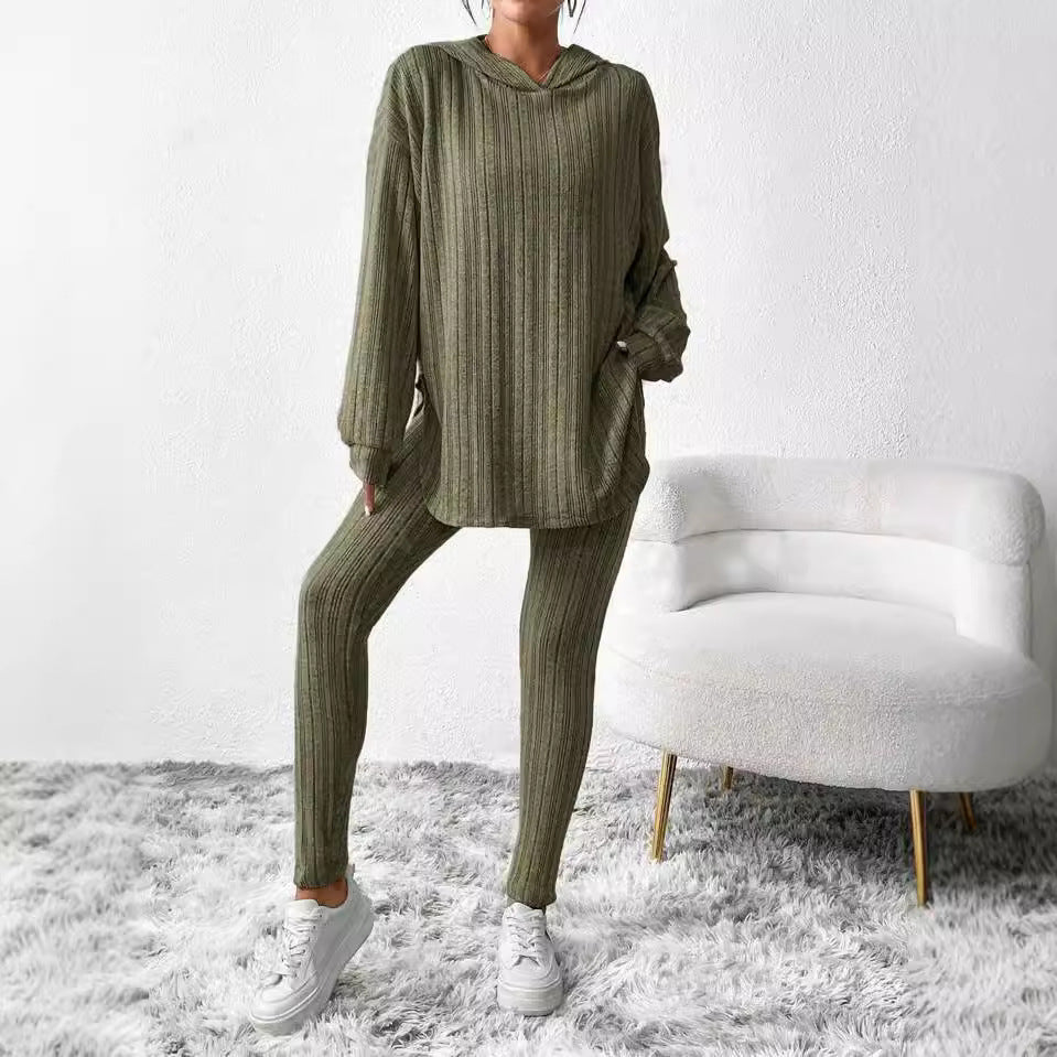 Autumn and Winter Style Loose Hooded Long Sleeve Casual Trousers Ribbed Suit