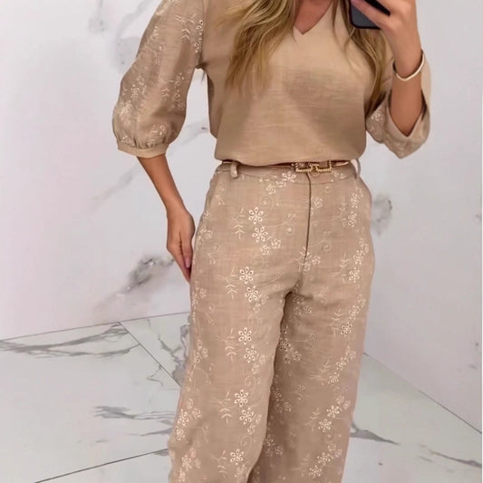 Summer New Cross-border Lace Export European and American Style Elegant Top Wide Leg Straight Tube Long Pants Set Women's Wear