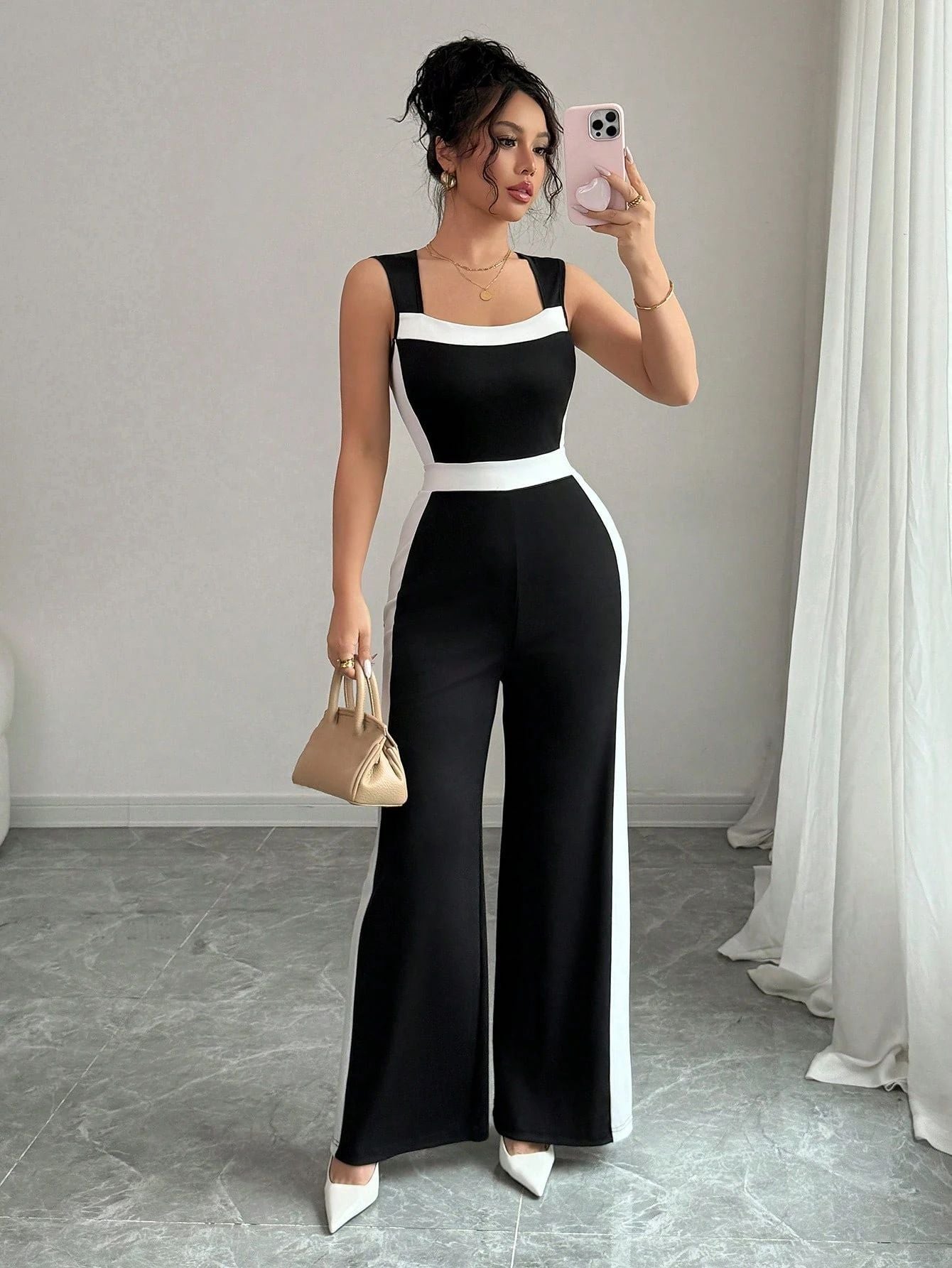 Color blocked sleeveless wide leg jumpsuit