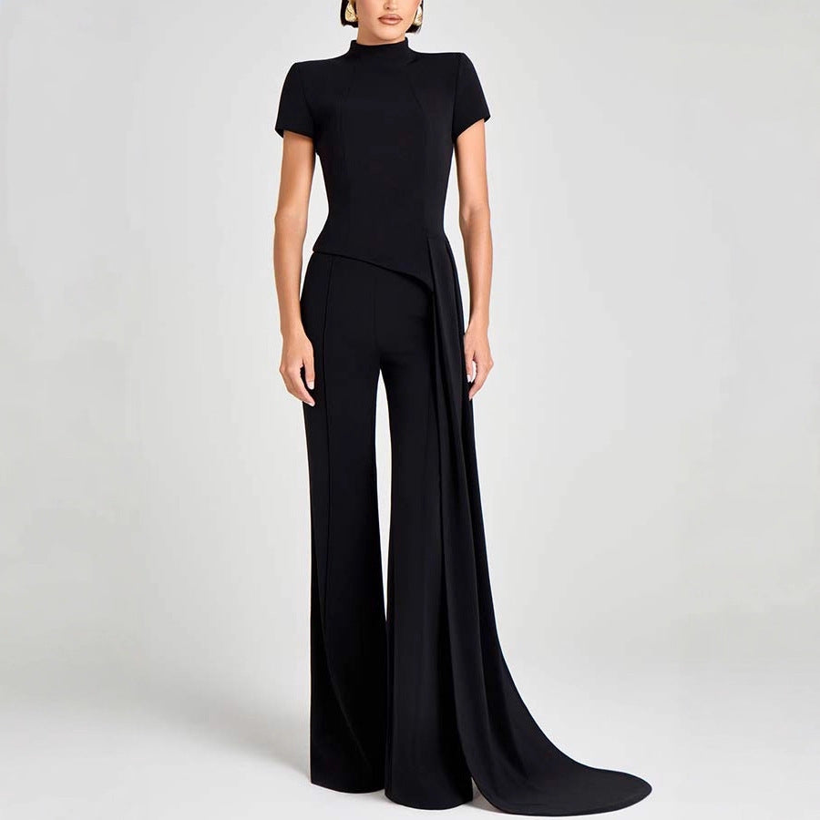 Fashionable Short Sleeve High Neck Casual Set with Long Pants for Women