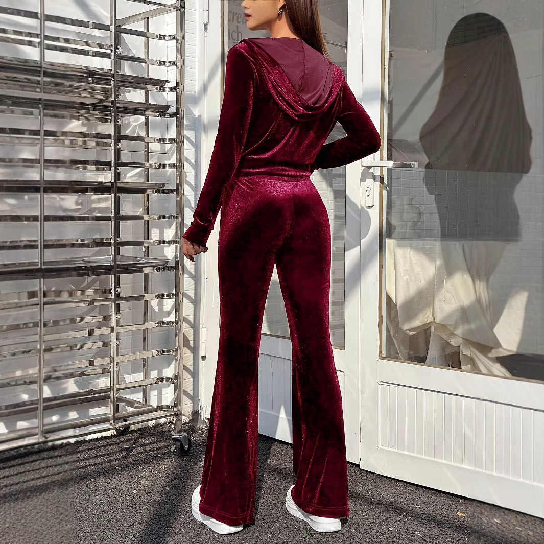 Zipper Velvet Autumn Sports Set Casual Hooded Top and Flare Pants Set